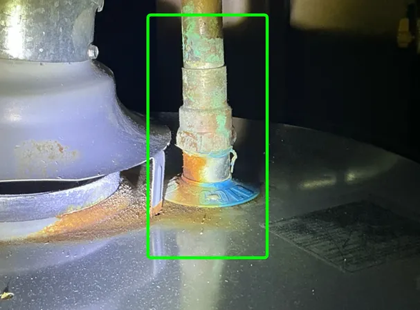 corroded pipe at water heater found during a home inspection in Austintown