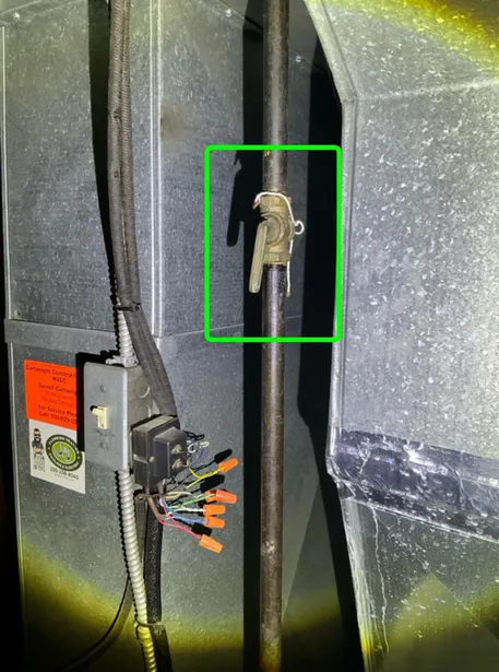 An antiquated gas valve with a very noticeable former red tag from the gas company found during a home inspection in Euclid.