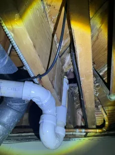 Basment joist cut all the way through found during a home inspection in Maple Heights.