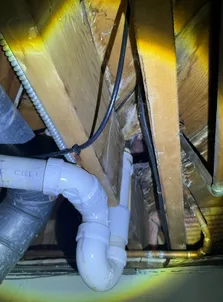 Basment joist cut all the way through found during a home inspection in Medina.