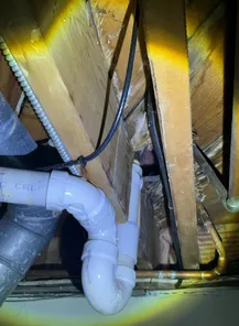 Basment joist cut all the way through found during a home inspection in New Franklin.