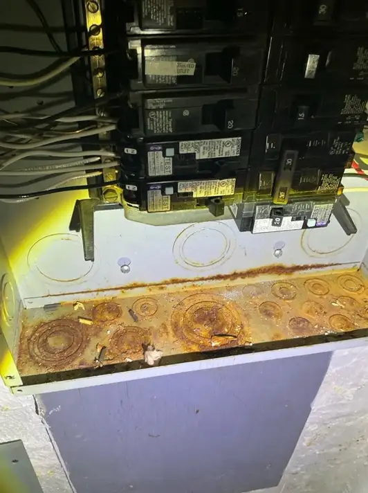 A detailed review revealed Rust in a breaker box in Fairview Park observed during a home inspection.