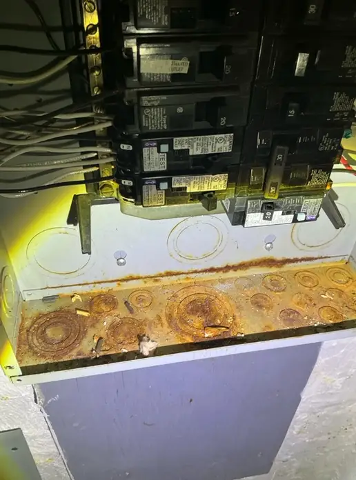 A detailed review revealed Rust in a breaker box in Maple Heights observed during a home inspection.