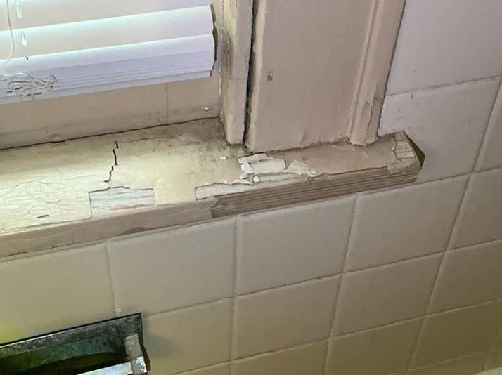 The home inspection highlights Peeling paint on window sill in the shower in North Canton found during the home inspection.